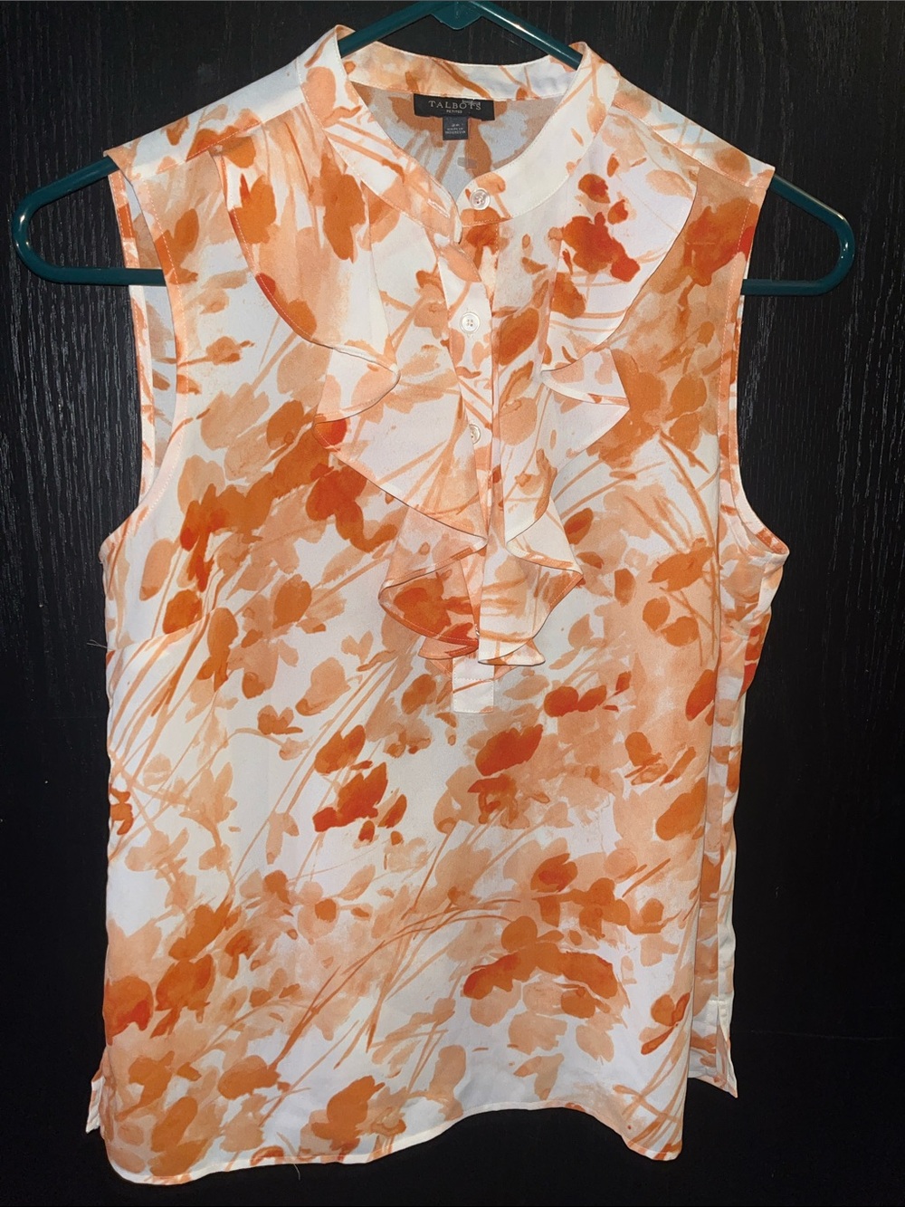 Talbots White and Orange Floral Ruffle Sleeveless Top